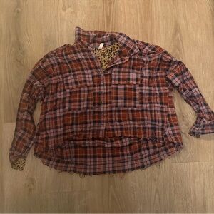 Anthropologie Plaid Button-Up Shirt with Leopard Accents